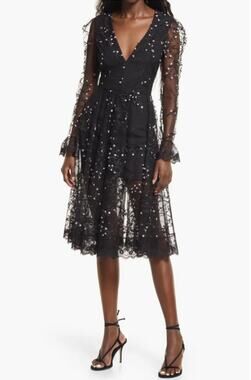 Helsi Ella Dress Long Sleeve Open Back Sheer Plunging Midi Dress